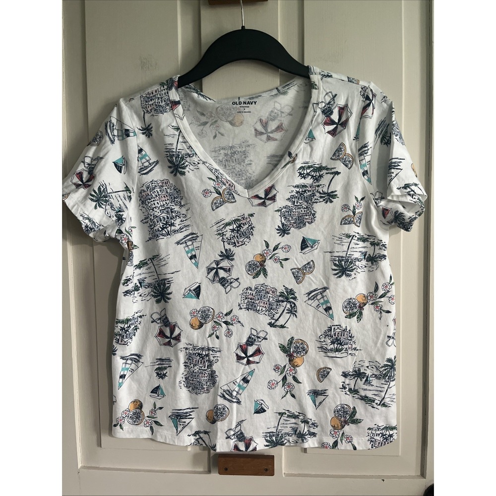 Old Navy Brand Womens Size Small Tropical Print Tee Vacation Cotton Vneck Cotton